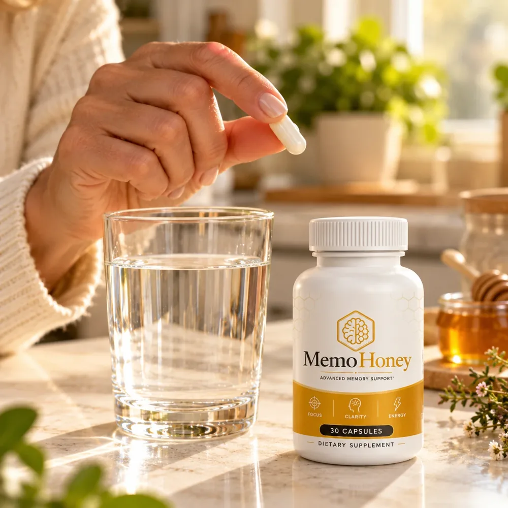 One MemoHoney capsule with a glass of water